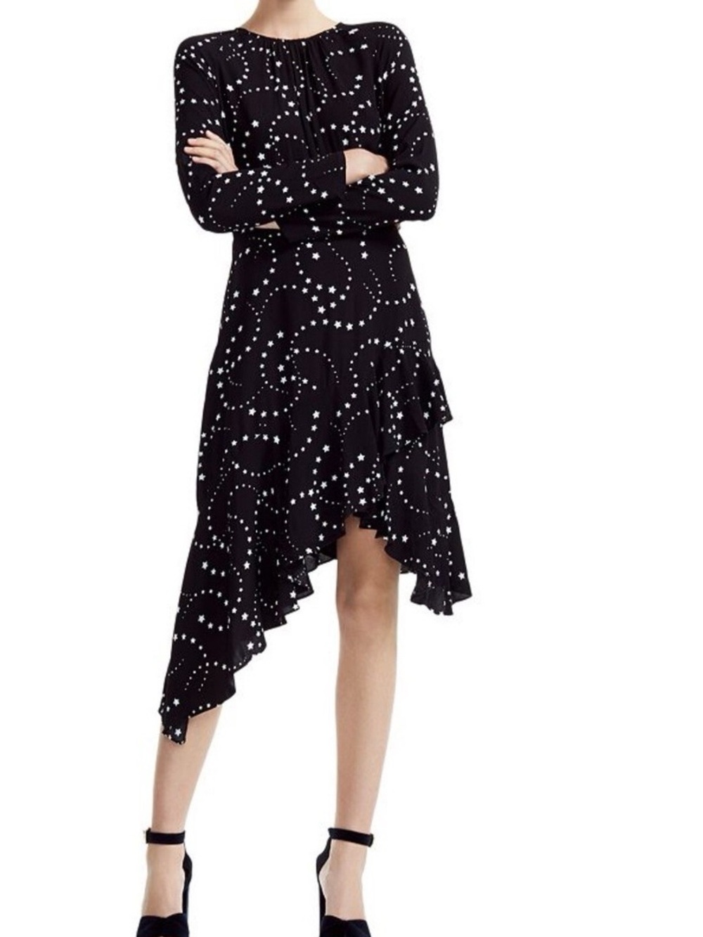 Maje Black Star-Print Long-Sleeve Asymmetrical Dress